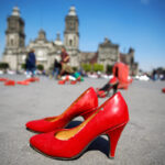 Pairs of women's red shoes, put on display by Mexican visual artist Elina Chauvet to protest against gender violence and femicide, are pictured at Zocalo square in Mexico City