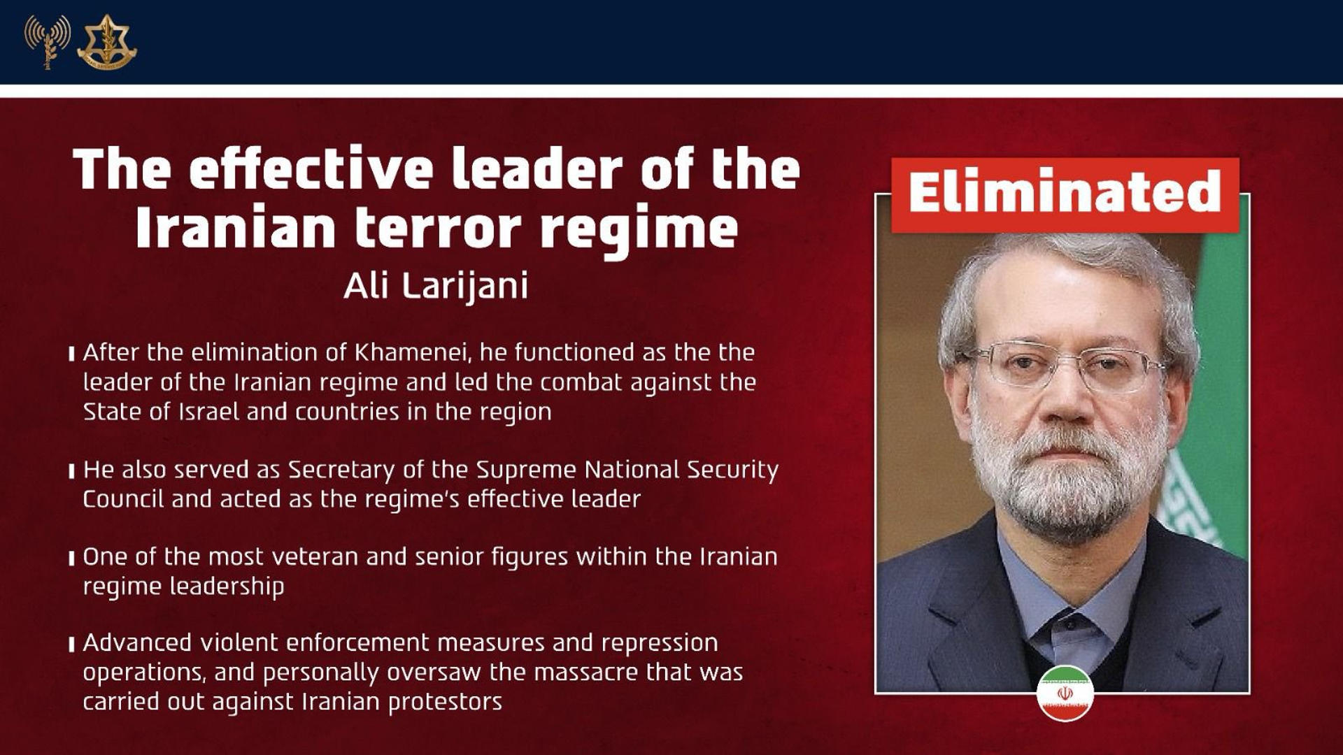 Israel asegura haber matado a Ali Lariyani, secretario Consejo Supremo de Seguridad iraní